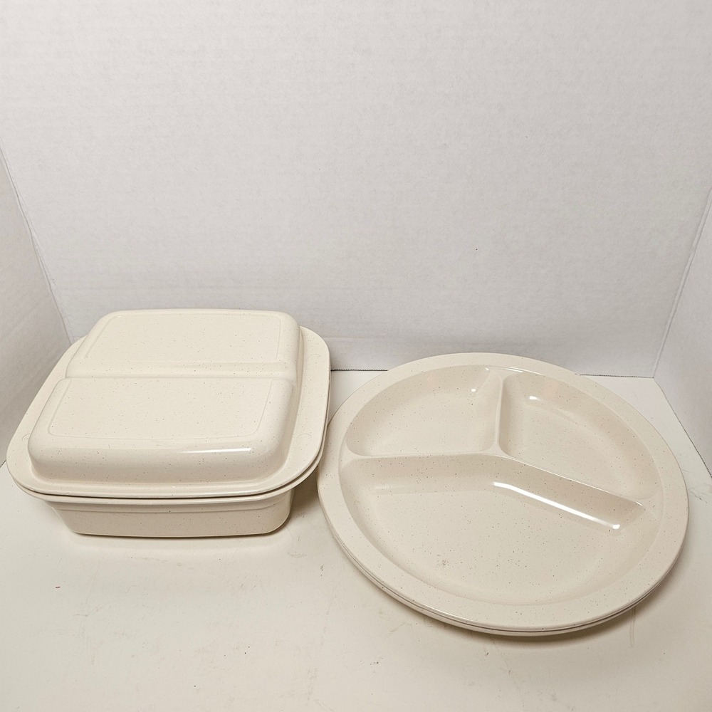 Anchor Hocking MicroWare 4pc Set Speckled Almond Divided Plates 1qt Pan